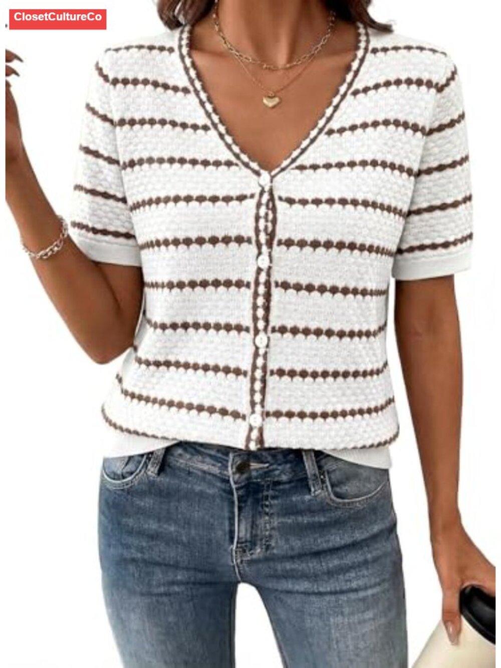Women's Crochet Knit Short Sleeve Button Cardigan Sweater Lightweight